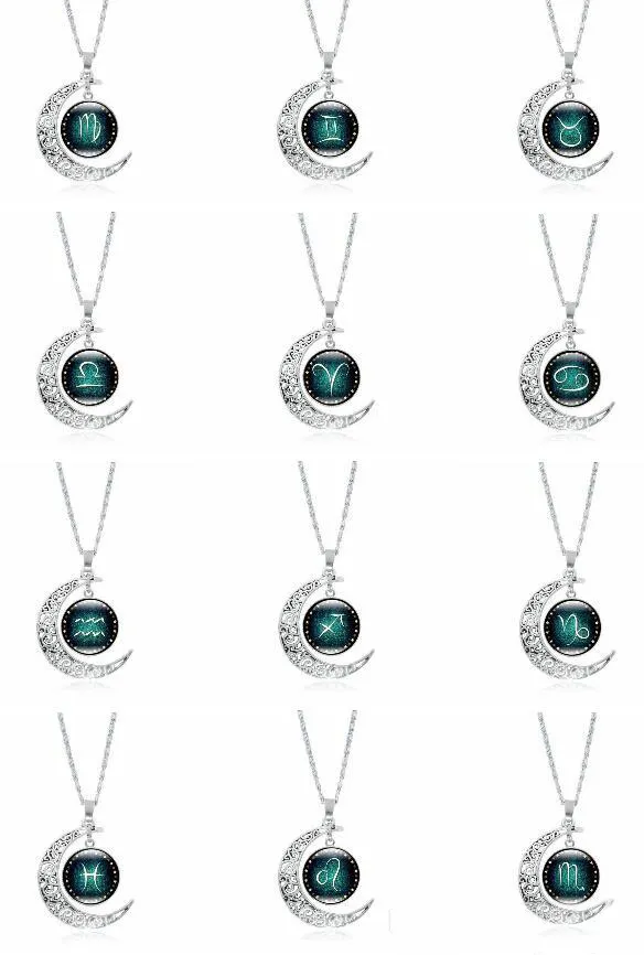 12 Zodiac Signs Halsband Retro Tolv konstellationer Cabochon Glas Time Gem Moon Pendant Halsband Gratis Frakt