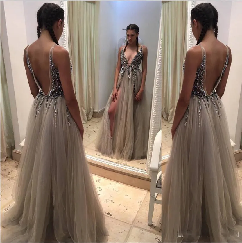 Sparkly Deep V Neck Sexy Prom Dresses Plunging Sequins Beads High Side Split Evening Dresses Backless Customized Special Occasion Dress