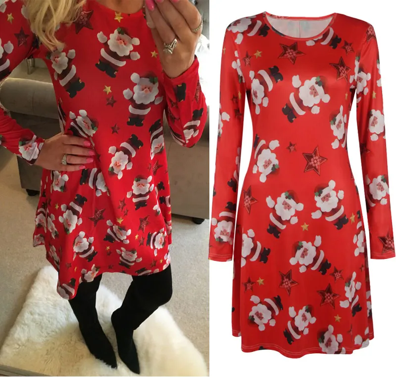 2017 Vinterhöst Julklänning Kvinnor Långärmad Julkostymer Santa Deer Printed Dresses Women Xmas Party Kläder 5XL Storlek 0213