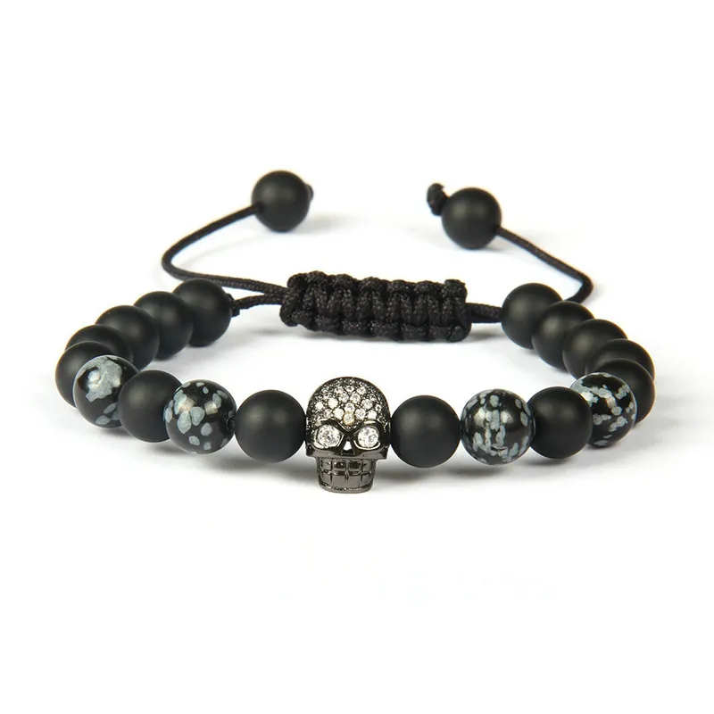 Venta al por mayor, 10 unids/lote, 8mm, ágata mate de la mejor calidad y piedra de obsidiana con pulsera de macramé con calavera negra Cz transparente para hombres