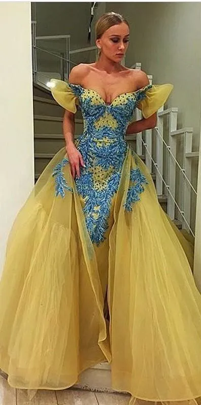 Jovani Dress 26130 | Floral sequin print yellow blue dress 26130