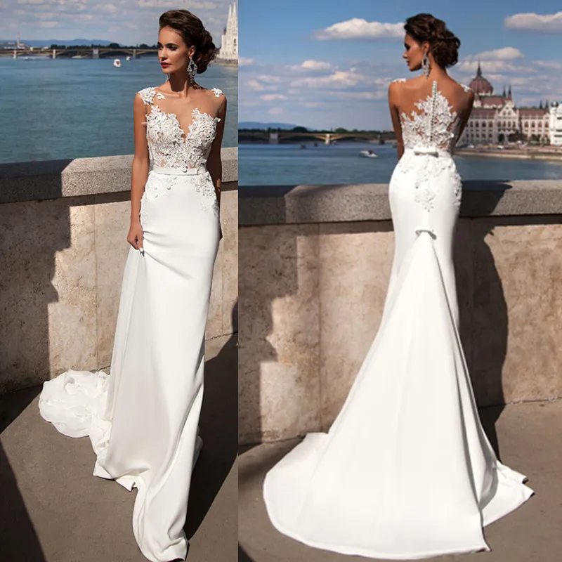 Sheath Beach Wedding Dresses With Detachable Chiffon Train Illusion ...