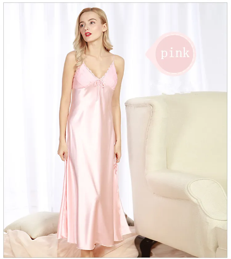 Imitation silk pajamas spring and summer ladies long paragraph split split sexy sling sleep dress sexy home service 