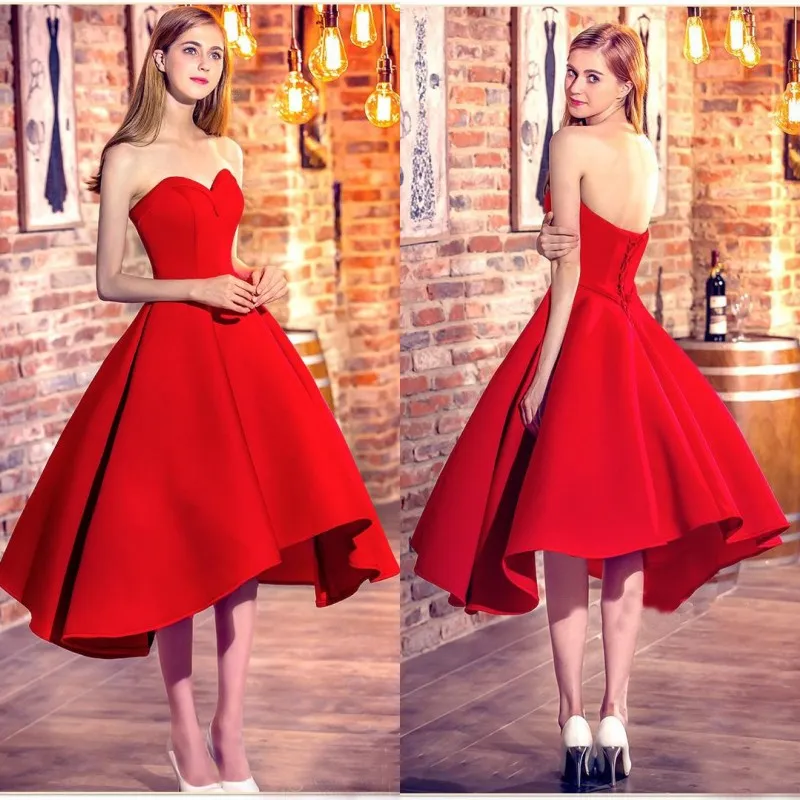 Latest 2017 Red Satin Sweetheart Short Prom Dresses A-line Cheap Lace Up Back Tea Length Party Evening Gowns Custom Made China EN12164