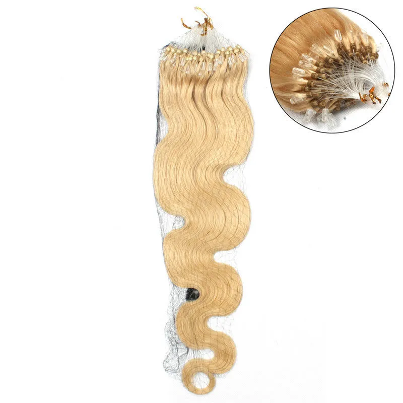 Capelli Elibess - 16 " - 24" #613 Micro anello ondulato Estensioni di peli doppi perle 1g/s 100s/lotto 613 Wave del corpo bionda Capelli umani