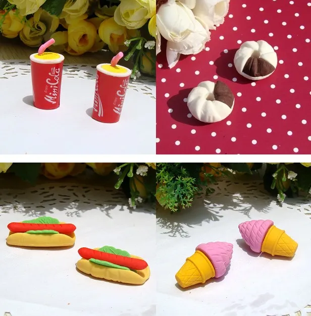 FreeShip Creative 3D Hamburgar Chips Coka Cola Cakes Food Erasers 3D Rubber Pencil Eraser Xmas Gift Each One With Opp Bag
