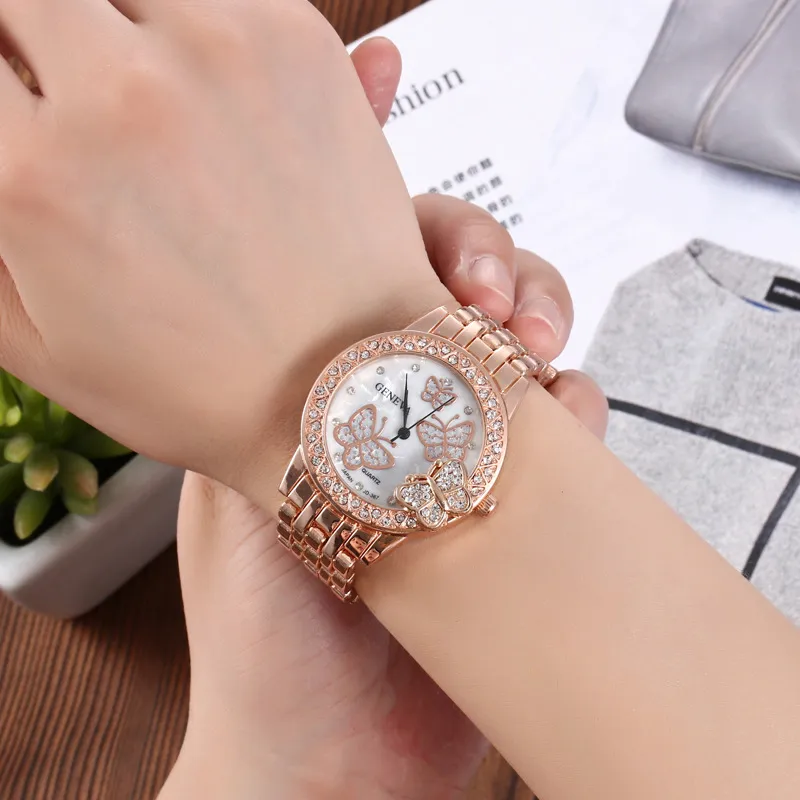 Luxus-Armbanduhren, modische Genfer Diamant-Schmetterlings-Decroation-Uhren, Damen-Kristall-Quarz-Armbanduhr, Dame, volle Gold-Stahl-Armbanduhr