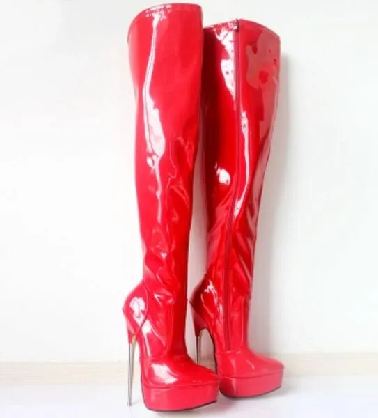 2017 nyligen kvinnor plattform stövlar mode solid färg långa booties tunna häl röda booties klänning skor lår höga motorcyklar stövlar