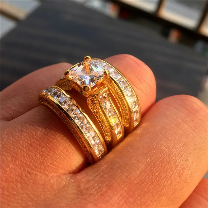 Luxury Real solid 14K yellow gold Filled Ring Set 3-in-1 Wedding Band Jewelry For Women 20ct 7*7mm Princess-cut Topaz Gemstone Rings finger