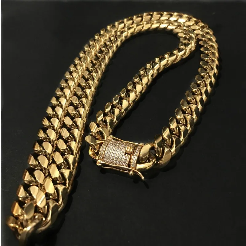 14mm 18-30Inches Mens Cuban Miami Link Naszyjnik ze stali nierdzewnej CZ CZASED Out Out Gold Hip Hop Chain Naszyjnik