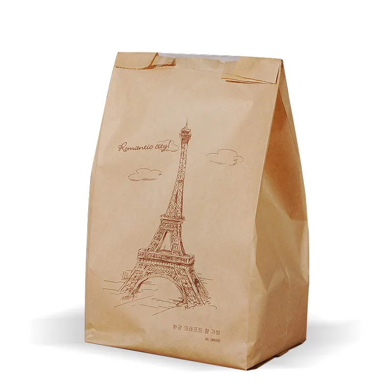 33x16x11 cm Food Grade De Papel Kraft Pão De Biscoito Torrado Saco com janela Marrom Impresso Pacote para Padaria Torre Eiffel 