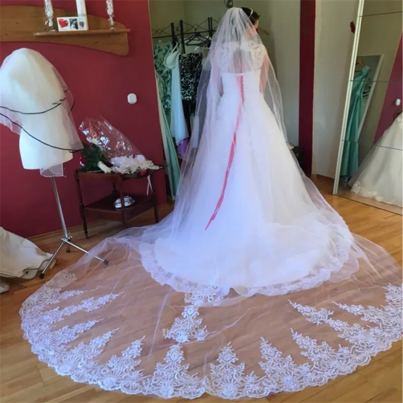 Uma camada de renda de 4 metros de comprimento véu de casamento com pente de tule de marfim branco véu de noiva para casamento3270287