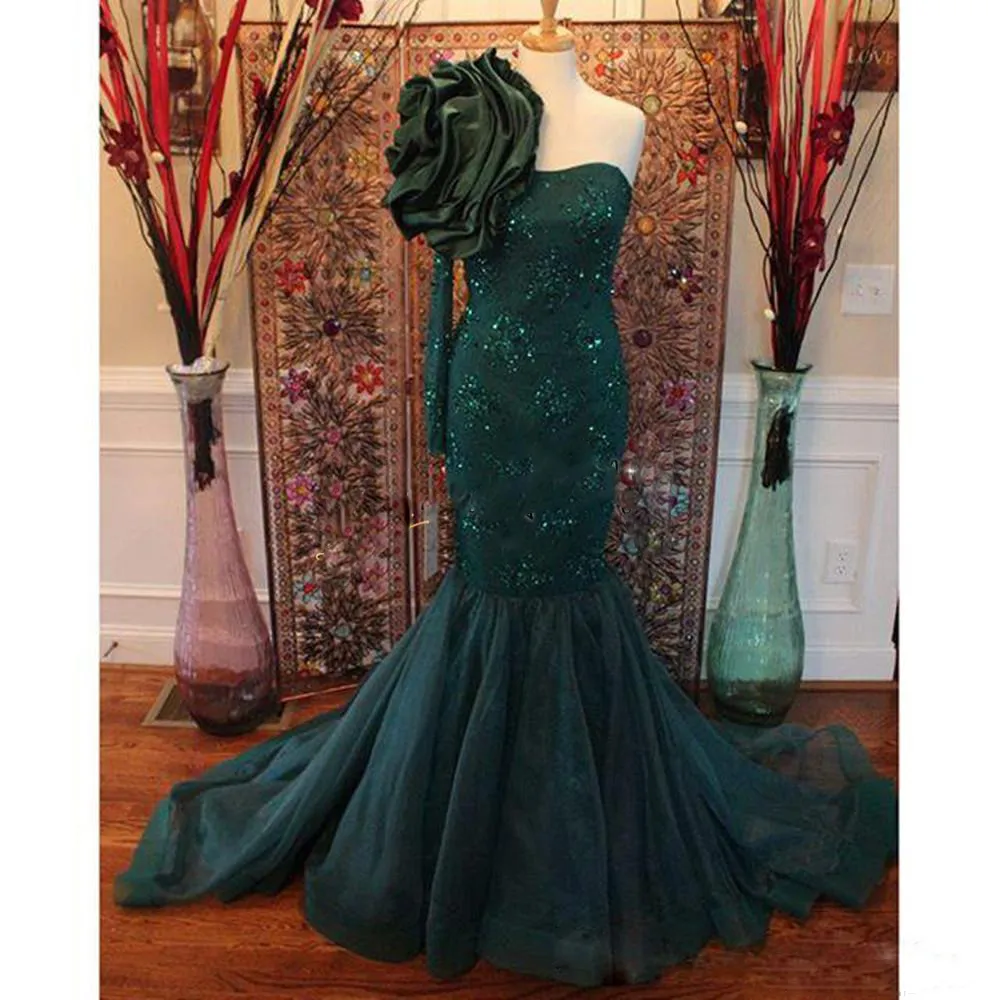 Saudiarabien Teal Aftonklänningar Sexig One Shoulder Långärmad Prom Klänningar Med Stor Flower On Axel Lace Appliques Afrikansk Party Dress