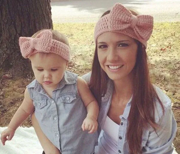 Diadema con lazo en forma de mariposa, adorno para el pelo tejido de lana hecho a mano, traje para padres e hijos, gorro para mantener la cabeza caliente