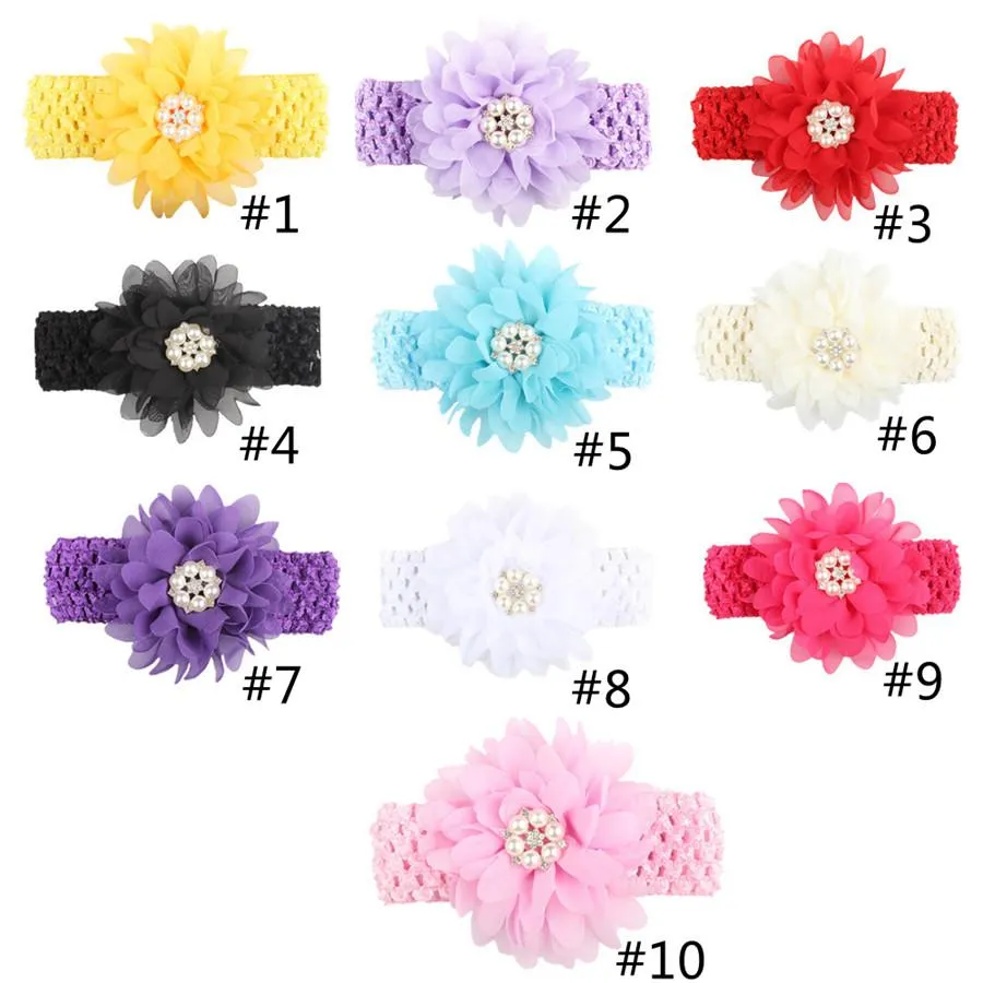 Baby Headbands Chiffon Flowers Headband for Girls Toddler Boutique Elastic Hair Bands Childrens Pearl Rhinestones Hair Accessories