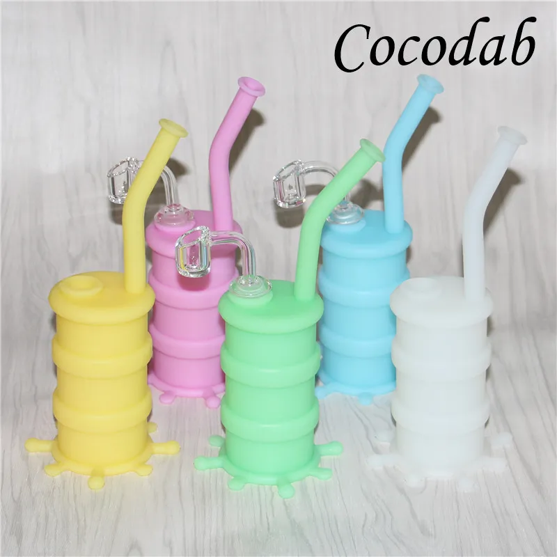 Hot Sale Mini Luminous Bong Silicone Oil Drum Water Pipe Silicone Oil Rigs With Glass Downstem and 4mm 14mm male joint quartz nail