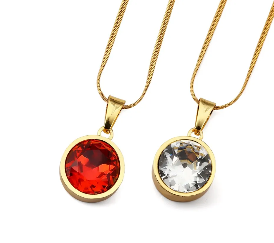 Fashion Round Crystal Gem White And Red Rhinestone Charms Small Pendant Necklace Hip Hop For Men Women With Gift Box