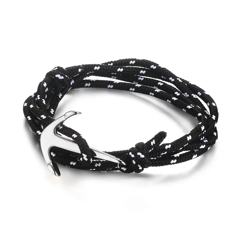 Nautical Mäns Bangles Silver Gold Plated Anchor Fish Hook Black Nylon Ropes Multilayer Armband för Kvinnors Smycken