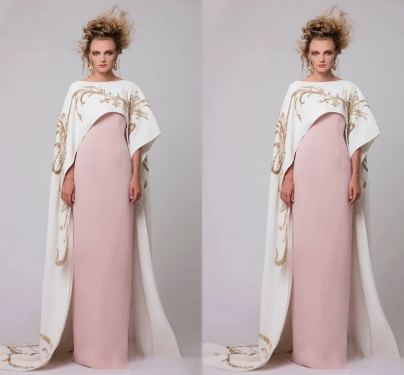 Biały Długi Płaszcz Z Złotym Haftem Suknie Wieczorowe 2017 Różowy Satyna Płaszcza Prom Dresses Długość Piętro Saudyjska Arabskie Damskie Party Dresses