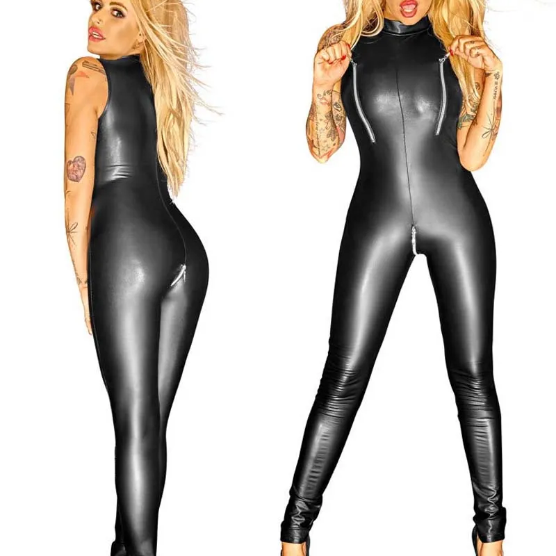 Hot Sexy Catwomen Faux cuir Catsuit Wetlook combinaison femmes fermeture éclair ouvert entrejambe body sans manches discothèque combishort