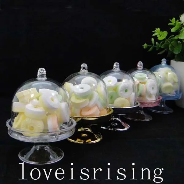 5 kleuren kiezen - 10 stks Mini Plastic Cake Stand Baby Shower Party Geschenken Verjaardag Gunsten Houders Kinderfeest Decor Plastic Candy Box