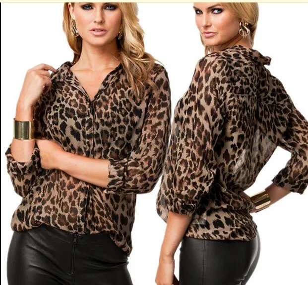 Sexy Women Chiffon Shirt Leopard Print Semi-sheer Blouse Long Sleeve Loose Casual Top Brown