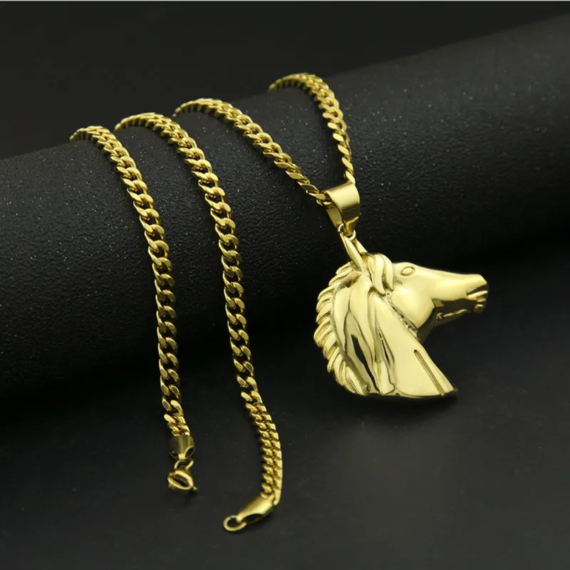 Nuova collana Hip Hop Colore Acciaio inossidabile di lunga durata Placcato in oro giallo 18 carati Collana con pendente a testa di cavallo uomo Donna NL-460