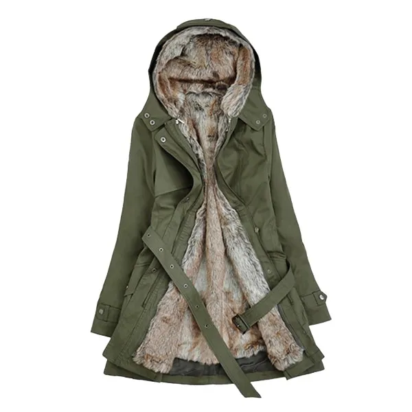 Vente en gros - Nouveau hiver femmes manteau fausse fourrure femme manteaux noir beige armée vert pardessus chaud épaissir détachable tranchée intérieure plus la taille