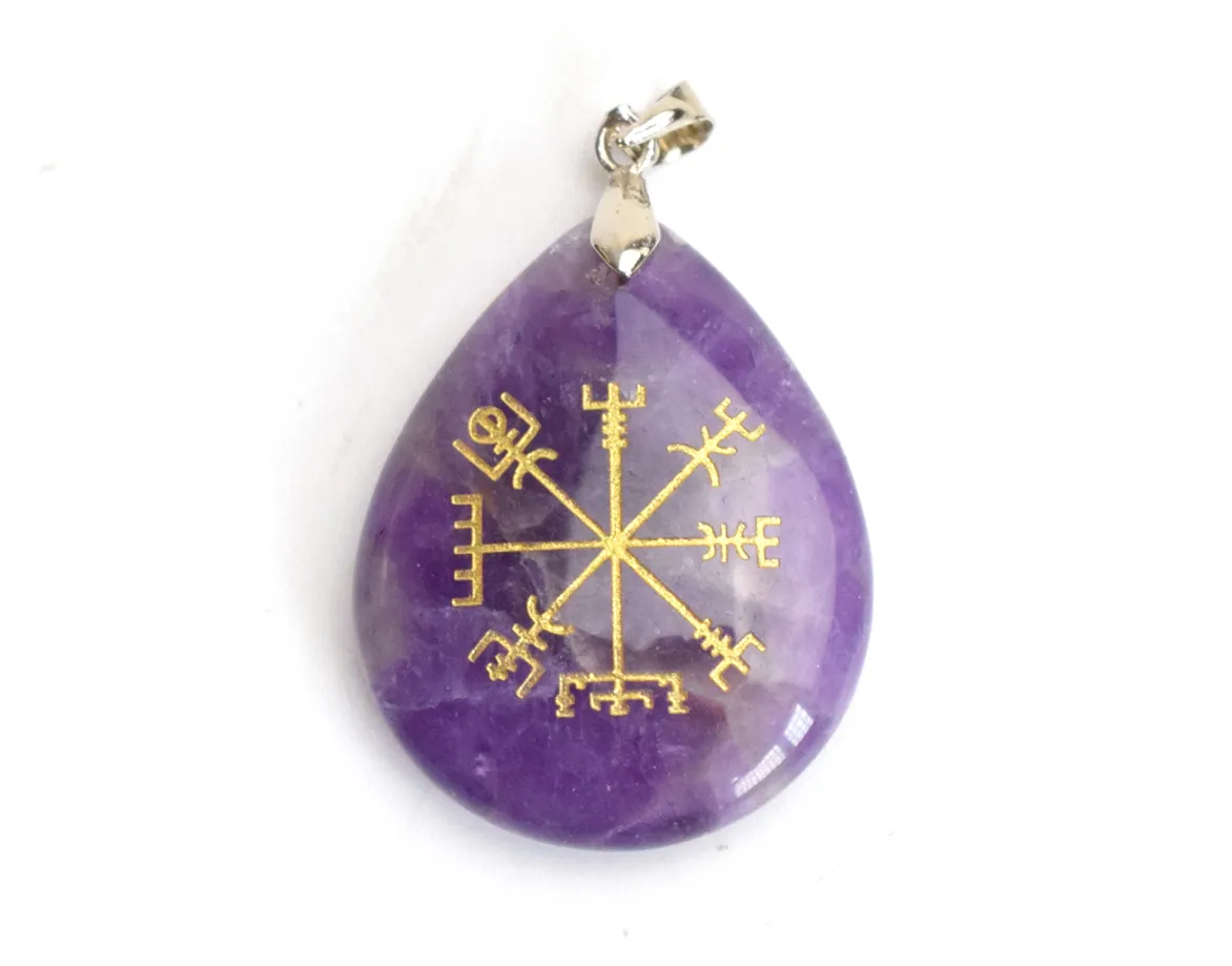 1 Peça Chakra Natural Amethyst Lapis Tiger Eye Stone Greated Viking Rune Vegvisir Talsman Símbolos Reiki Cristal Cura Teardrop Pingente