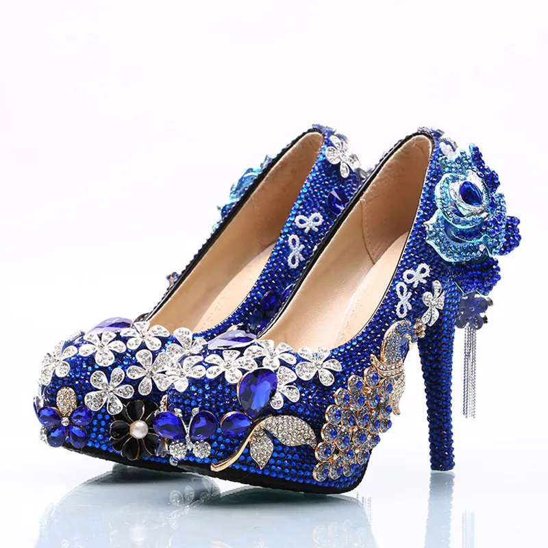 Gorgeous Rhinestone Wedding Shoes Blue Crystal Bride Dress Shoes Flower and Phoenix Platform Heels Cinderella Prom Pumps