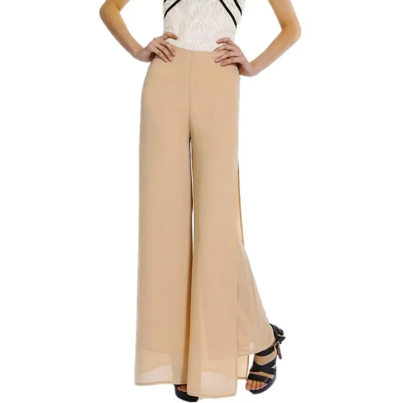 Women Ladies Vintage Loose High Waist Long Trousers Chiffon Side Split Casual Palazzo Pants Wide Leg Pants pantalones