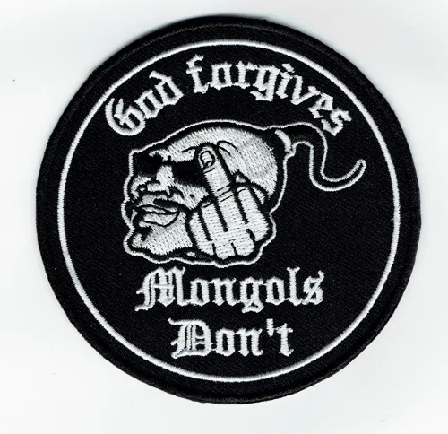 New God Forgives Mongols Don't Motorcycle Club Biker Brodé Patch Fer Sur Vêtements Avant Veste Gilet Rider Patch 3.5 "Livraison Gratuite