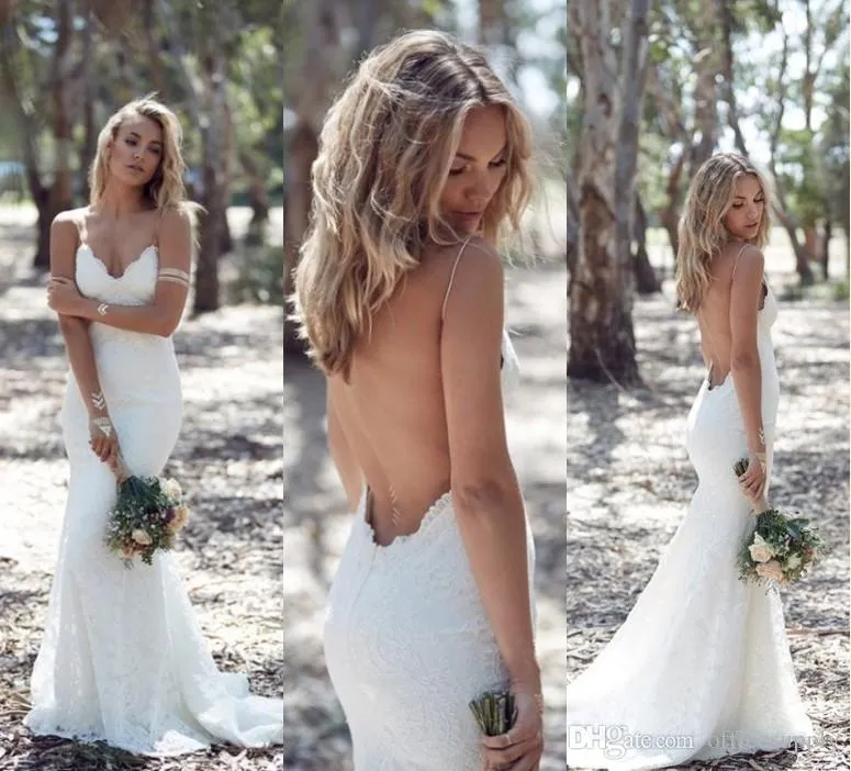 Country Sexy Backless Trumpet A Line Wedding Dresses Spaghetti Strap Full Lace Wedding Dress Cheap Mermaid Sweep Open Back BOHO Bridal Dress