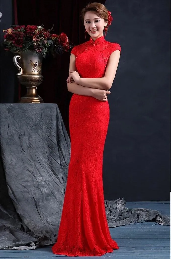 Alta Qualidade Pescoço Alto Sem Mangas Sereia Chinesa Cheongsam Vestidos de Noiva Comprimento Do Assoalho Zipper Vestido Vermelho Vestido De Noiva Vestido De Noiva
