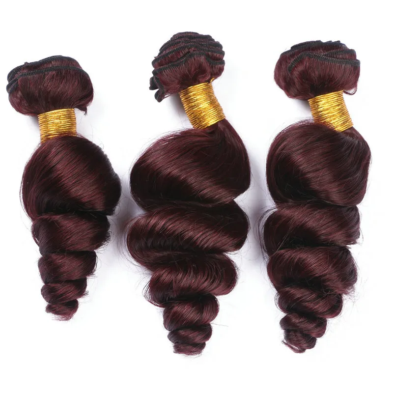 Onda suelta # 99J Vino Rojo El cabello humano brasileño teje con encaje frontal 4 piezas Lote Virgen Borgoña Cabello 3 paquetes con 13x4 Frontal de encaje completo