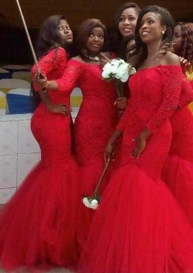 Tamanho de manga comprida Lace Sereia Dama de honra Vestidos Vermelho Tule Árabe Partido Maid de Honra Vestidos de Noite para Wedding Guest 2017