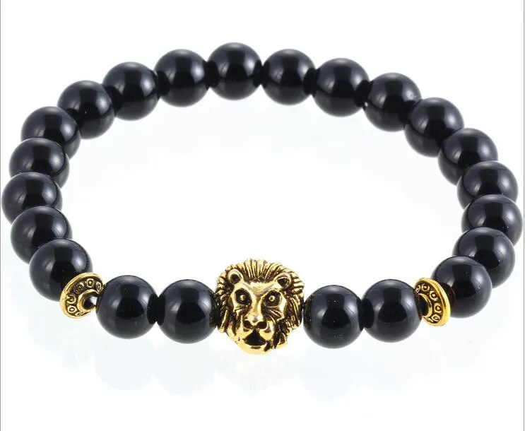 Natursten Beaded, Strands Matte Black Obsidian Agate Turkos Handsträng Buddha Beads Lion Head Elastiska Armband Smycken Partihandel