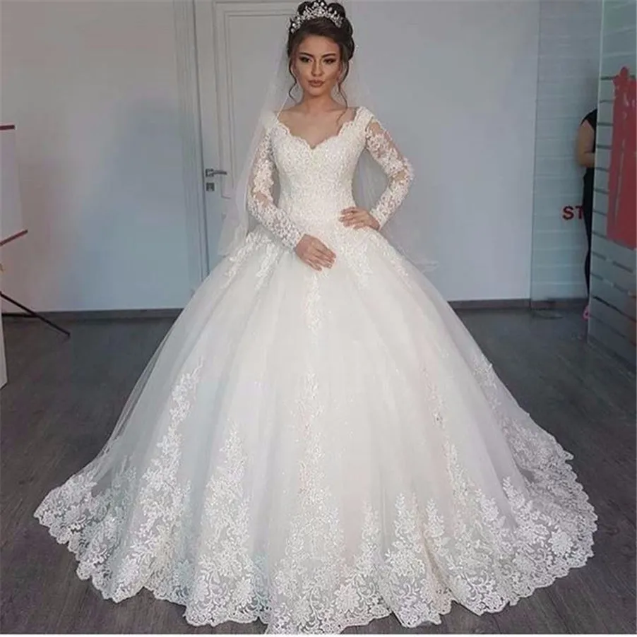 Gorgeous V-neck Ball Gown Long Sleeve Wedding Dresses 2021 Lace Applique White Bridal Gowns robe de mariage305Y