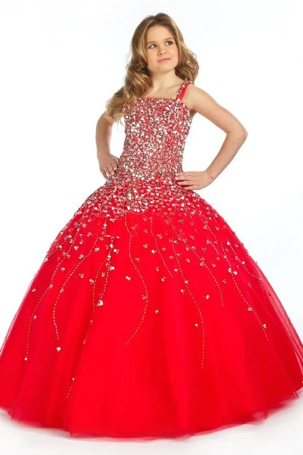 Girl's Pageant Dresses Vintage Princess Red Heavily Beading Floor Length Ball Gown Kids Prom Dress For Toddler Girls Glitz Kids Formal Wear HY1281