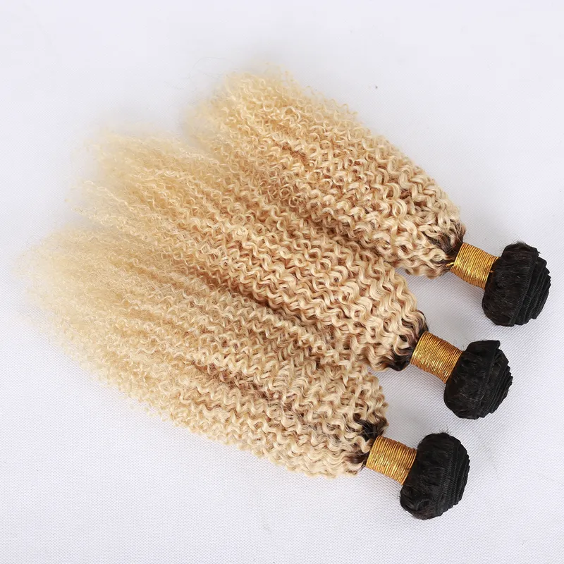 Ombre färg blondin # 1b 613 Peruvian Virgin Haft Weft med frontal stängning Mörkrot Kinky Curly Hair Buntar med spets frontlin