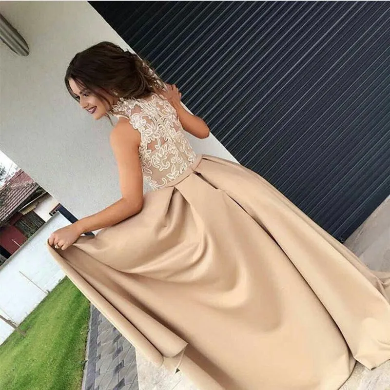 Dubai Estilo Champagne Vestido gola alta Applique Sexy Side Dividir Mermaid Partido Prom vestidos de cetim até o chão Traje a Rigor Vestido Formal