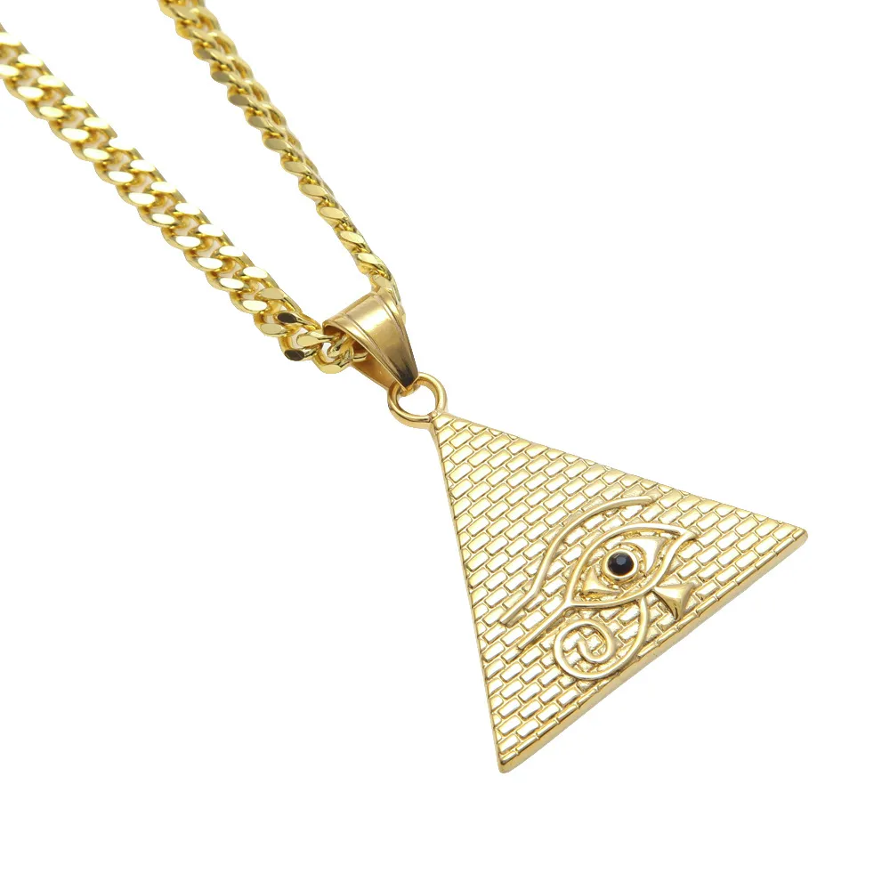 Collier pendentif pyramide égyptienne antique Eye Of Horus Collier Hip Hop Illuminati avec chaîne gourmette cubaine Miami de 27 pouces