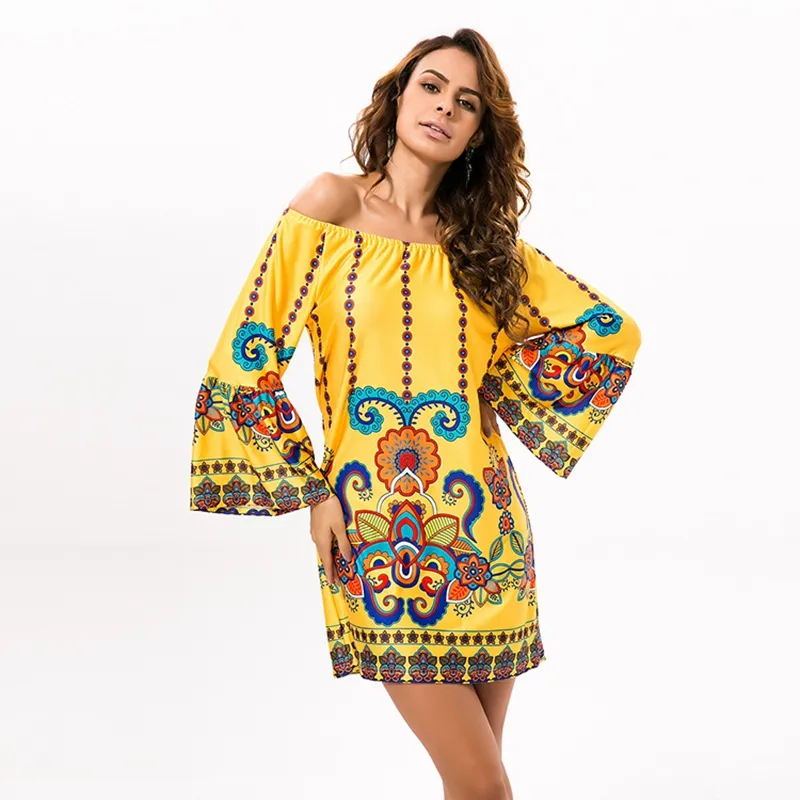 Off Shoulder Frauen Sommer Strand Indisches Kleid Boho Sexy Bohemian Floral Vintage Kleider Sommerkleid Vestidos Robe Plus Größe Dashiki q1110