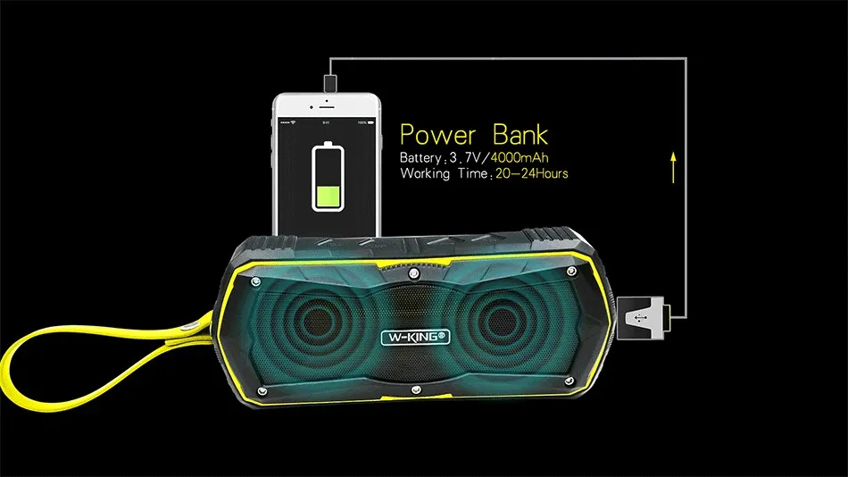 Altoparlante Bluetooth impermeabile esterno W-king S9 all'ingrosso Altoparlante stereo portatile senza fili vivavoce Power Bank 4000mAh carica telefoni cellulari