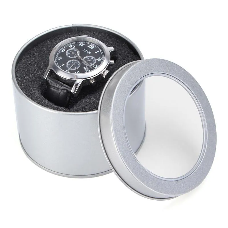 Lägsta silver Round Metal Jewelry Watch Present Box Display Case With Cushion 3 54x2 36 Watch Organizer Box Holder Glitte296d