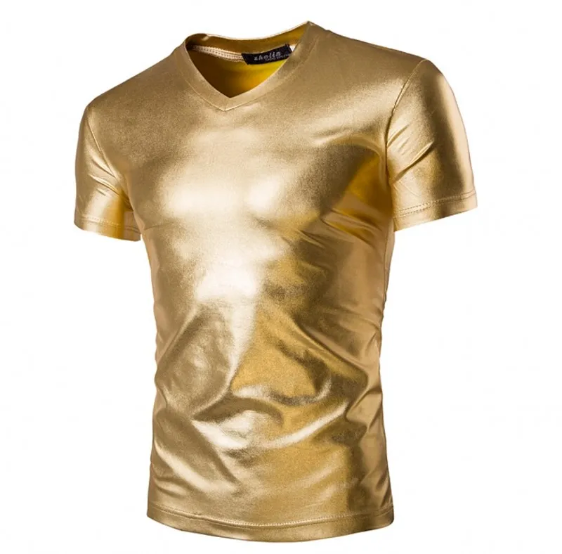 Man Popular Nightclub Mode T-shirt Korte Mouw V-hals Goud Zilver Zwart Kleur De trends van Solid Cotton Leisure T-shirt Design