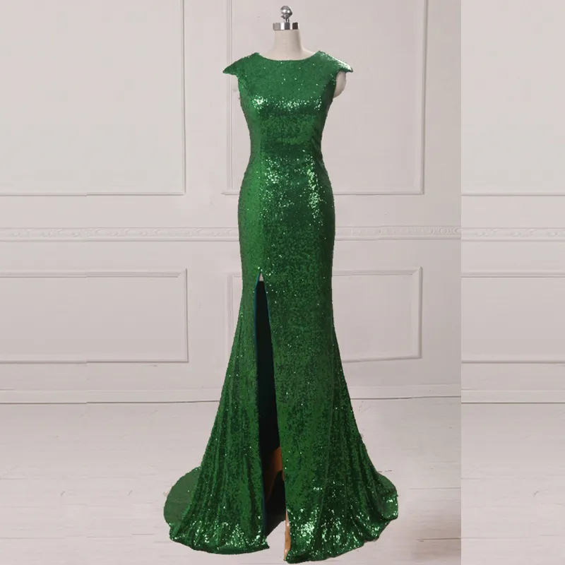 Bling Bling Emerald Green Sequined Dress Jewel Neck Capped Ärmlös Mermaid Elegant Aftonklänning med Split Prom-kappor Sweep Train