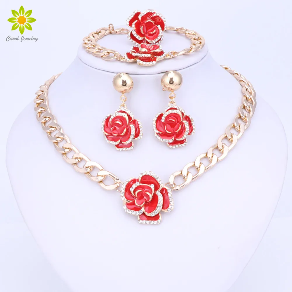 African Beads Crystal Jewelry Sets Gold Plated Enamel Rhinestone Rose Flower Necklace Earrings Bracelet Ring Wedding Accessories