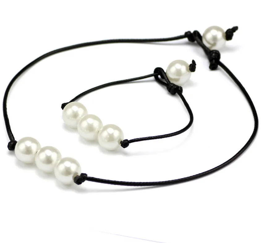 Kvinnor mode pärla halsband smycken vit pärla svart läder rep sladd choker halsband choker slit knut imitation sötvatten pärla nyaste
