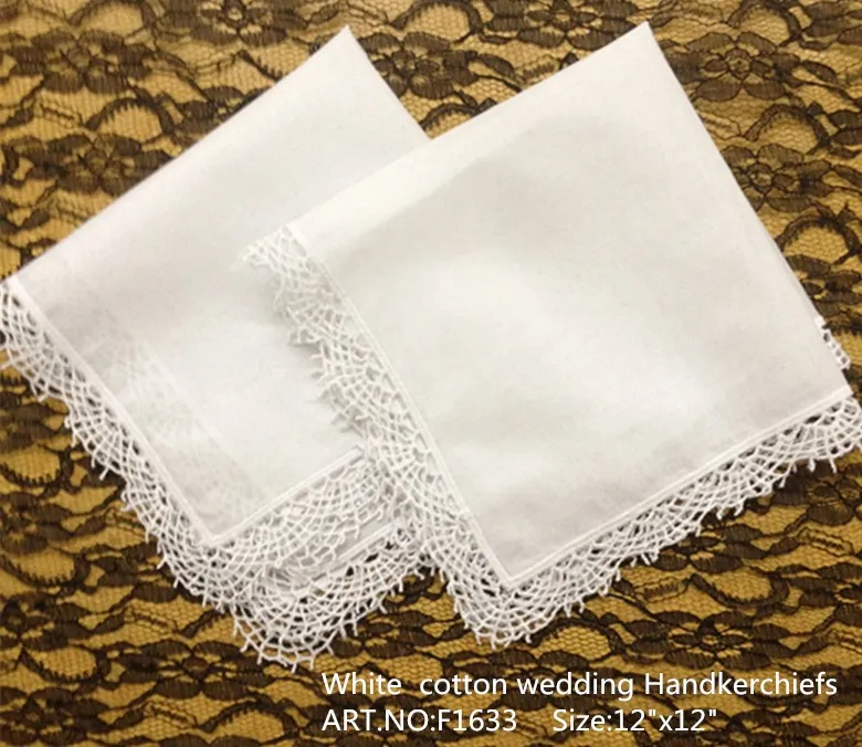 Gratis verzending home textiel 12 stks / partij 12x12 "Hoge kwaliteit witte zachte 100% katoen dames zakdoek geborduurde kant sint-jakel randen voor bruid